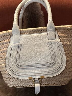 Chloe White Woven Straw Tote with Leather Flap and Gold Accents